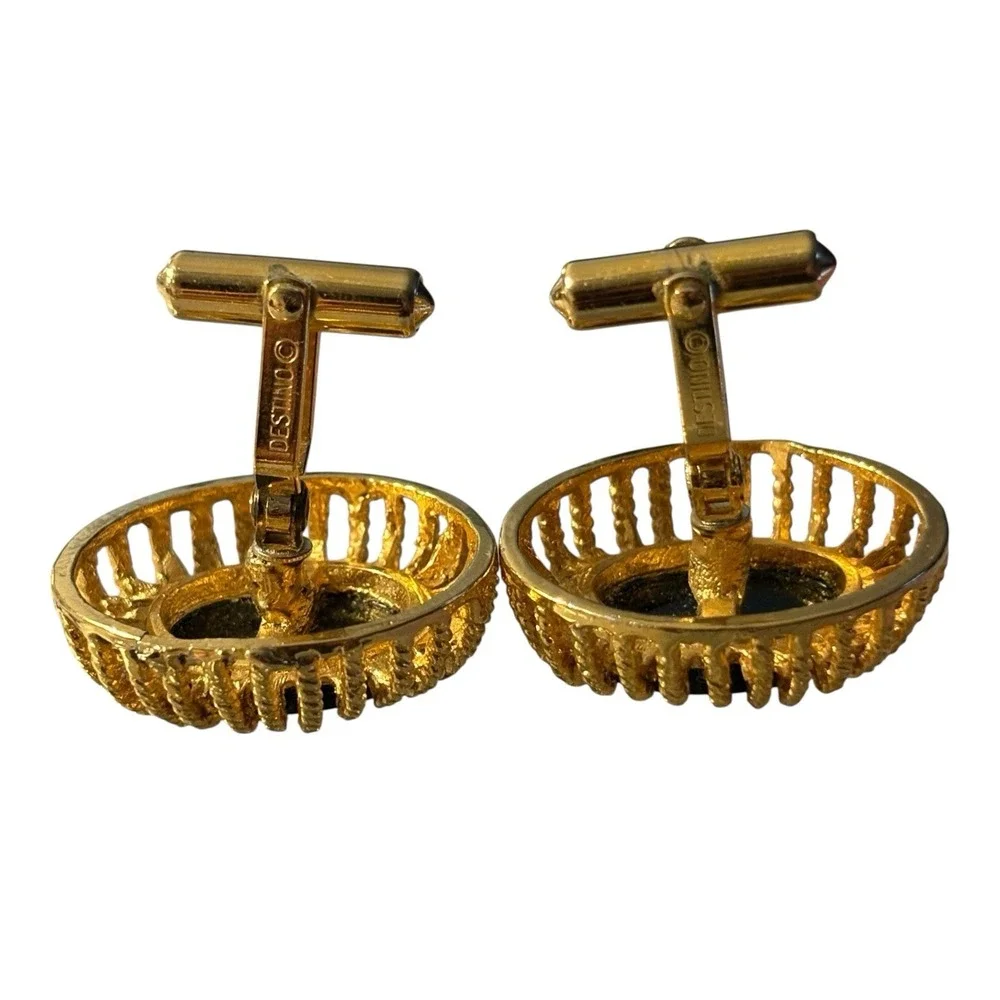 Vintage Destino Cufflinks‎ Black Center Gold Tone Oval Open Work Dome Design MCM